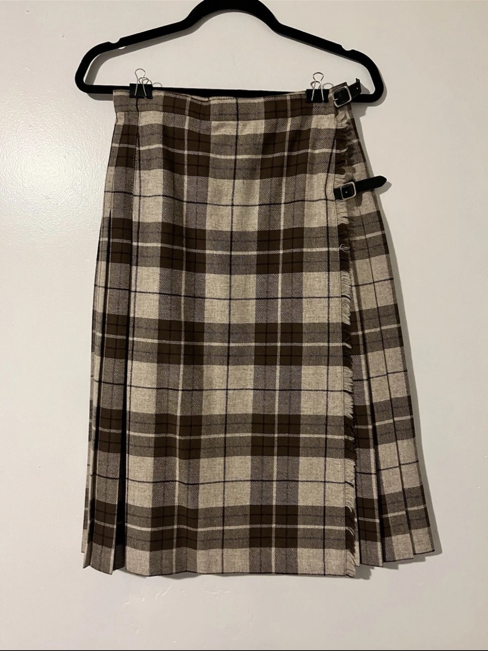 Vintage WOOL Plaid Wrap Midi Skirt in Brown and Cream Tartan
